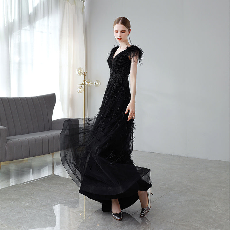 Black Double Shoulder Evening Dress Woman My Store  