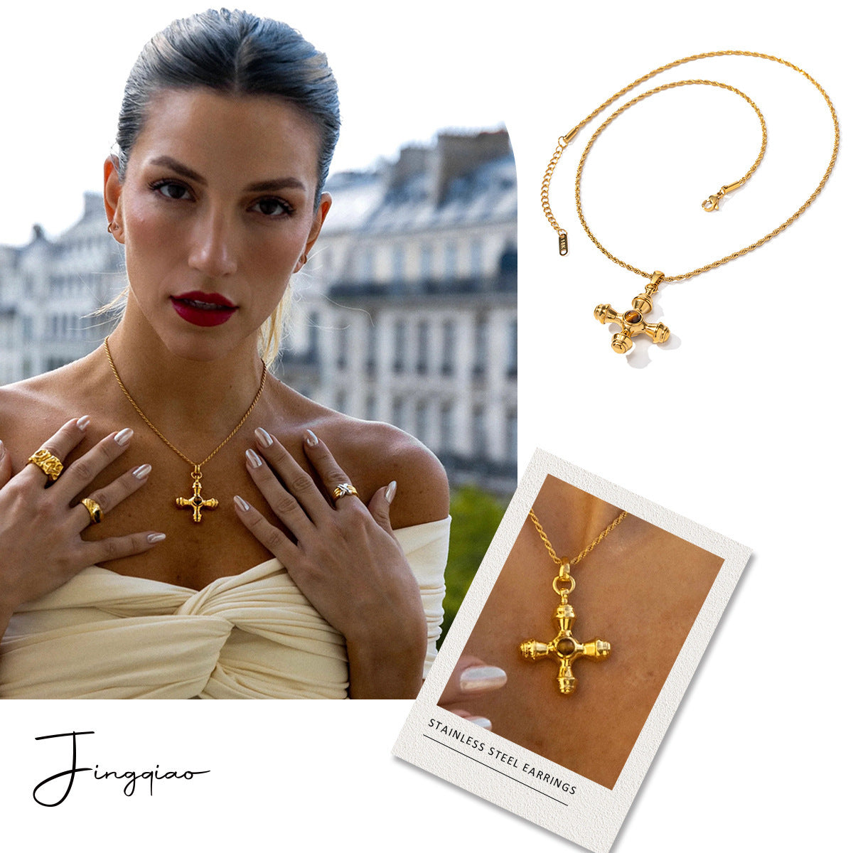 18K Gold Stainless Steel Cross Shelf Necklace Zyraaa  