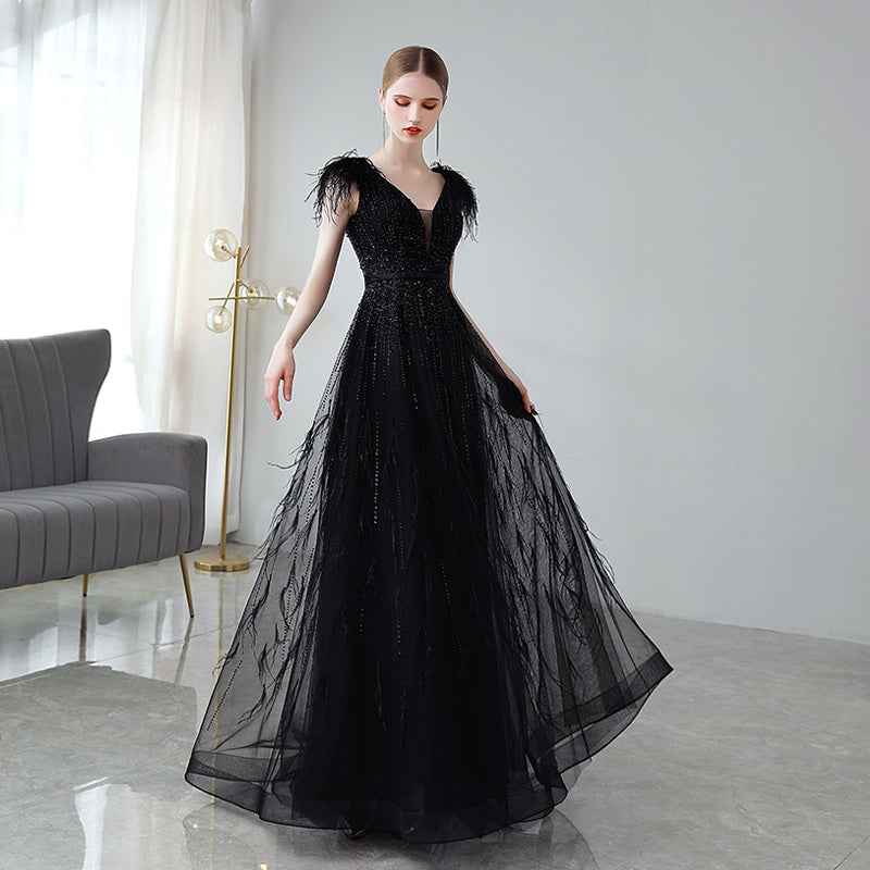 Black Double Shoulder Evening Dress Woman My Store  