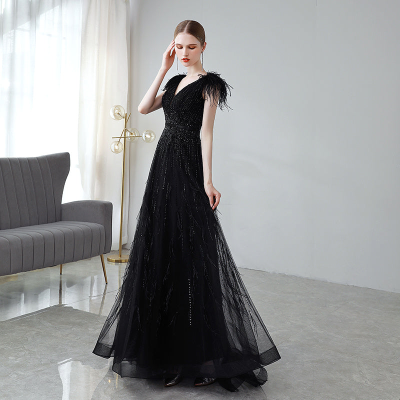 Black Double Shoulder Evening Dress Woman My Store  